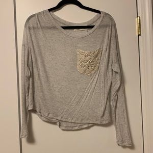 Grey Long Sleeve Tee with Lace Pocket from Vintage Havana